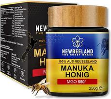 "Newbeeland Manuka Honey MGO 550+" - 250 g - nuo šviesos apsaugotas stiklas, 100 % grynas aukščiausios kokybės Manuka medus iš Naujosios Zelandijos, sertifikuotas metilo glioksalio kiekis, be priedų