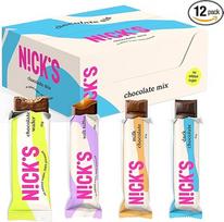 "NICKS Chocolate Keto Bar", šokolado mišinio dėžutė su šokolado batonėliu be pridėtinio cukraus, be glitimo, mažai angliavandenių turinčių saldumynų, be palmių aliejaus (pavyzdinė pakuotė su 12 užkandžių batonėlių)