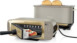 "Ninja Foodi ST202EUSTGD" 3-in-1 skrudintuvas, elektrinis grilis su dangčiu, "Panini Press" su apverčiamu dizainu, 7 kepimo funkcijomis, 7 skrebučių linijomis, kepimo dėže ir trupinių dėže, akmens aukso spalvos