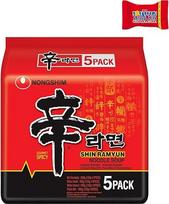 "Nong Shim" greitieji makaronai "Shin Ramyun" - korėjietiška jautienos ramen sriuba, labai karšta - greitas paruošimas - 1 pakuotė - 5 x 120 g