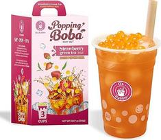 "O's Bubble Popping Boba" - "pasidaryk pats" burbulinės arbatos rinkinys namams, 3 porcijos (braškių žalioji arbata su vyšniomis)