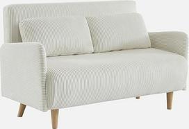 "Panam" skandinaviška 2 vietų sofa su baltu velveto apmušalu, medinėmis kojelėmis ir reguliuojamu atlošu