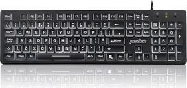 "Perixx PERIBOARD-317" laidinė USB klaviatūra, baltas LED apšvietimas, dideli šviečiantys klavišai, UK QWERTY, juoda