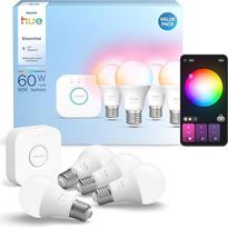 "Philips Hue Essential" pradinis rinkinys: Tiltas + 4 išmaniosios lemputės E27, balta ir spalvota LED šviesa, 2200-6500K, reguliuojamo apšvietimo LED lempos, veikia su įvairiais balso asistentais