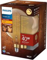 "Philips LED Classic E27 Vintage" lempa, 40 W, senovinė dekoratyvinė lempa, XL gaublio formos, pritemdoma, auksinė, skaidri, su liepsna
