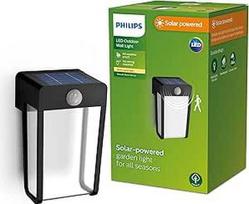 "Philips" išorinis saulės baterijų sieninis šviestuvas, 2,3 W, dienos šviesos ir judesio jutiklis, skaidrus, 2700 kelvinų, IP44, atsparus oro sąlygoms, juodas, 107 mm
