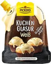 "Pickerd Cake Icing White Chocolate Flavour" baltojo šokolado skonio glaistas, skirtas naudoti mikrobangų krosnelėje arba vandens vonelėje, su dekoratyviniu snapeliu 125 g