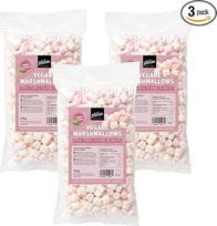 "Planeo Vegan Marshmallows" mini vamzdeliai rožinės ir baltos spalvos, 3 x 250 g, be želatinos, vanilės skonio, spalvingi, mini ir itin purūs, puikiai tinka užkandžiams ir užkandžiams, veganiškas putų cukrus