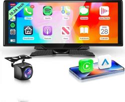 "Podofo" 10,26 colių nešiojamasis automobilinis radijo imtuvas su jutikliniu ekranu Belaidis "Carplay" "Android" automobilinis "Bluetooth" / FM siųstuvas / AUX balso asistentas su atbulinės eigos kamera DC 7-32 V