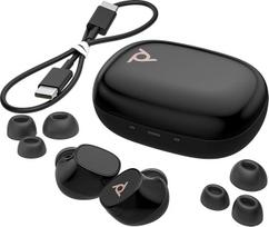 "Poly Voyager Free 20" ausinės ir įkrovimo dėklas, USB-C, triukšmo slopinimas, dirbtinis triukšmo slopinimas, valdymas balsu, QI belaidis įkrovimas, iki 12 val. klausymosi trukmė, juodos spalvos