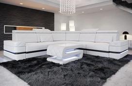 "Positano" odinė L formos kampinė sofa su LED apšvietimu Kanapa su galvos atlošais Šiuolaikinė sofa (balta/juoda)
