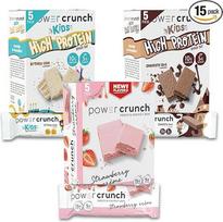"Power Crunch Protein Wafer Bars" ir "Power Crunch KIDS Protein Riegel Variety Pack" (15 Stück) baltymingi užkandžiai su lengvais užkandžiais