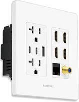 "Premium Media" sieninis kištukinis lizdas, dvigubas 3,4 A USB išėjimas, 15 A dvigubas maitinimo lizdas - "Cat6 Rj45 Ethernet" prievadas - 4 HDMI prievadai - koaksialinio kabelio sieninė plokštė - balta