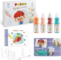 "Primo Kidskit Symmetry" dailės dažų rinkinys vaikams nuo 5 metų, 4 ergonomiškų spalvų rinkinys ir 50 ml dozatorius, 1 piešimo spalvinimo knygelė, 1 kūrybinio darbo knygelė, mokomieji žaidimai