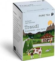 "Pure Tea Traudl" vaistažolių arbata "Alpine Herbs", 15 arbatos maišelių po 2,5 g, pagalvinis maišelis, vaistažolių mišinys su gysločiais ir obuolių mėtomis, dozatoriaus dėžutės dydis: 12 x 9 x 9 cm