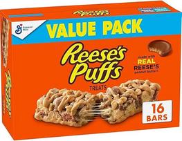 "Reese's Puffs" pusryčių batonėliai, žemės riešutų sviestas ir kakava, 16 vienetų (pakuotė po 1)
