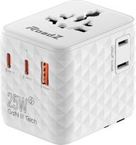"RoadZ Worldwide Travel Adapter", PD 25 W universalus kelioninis kištukas su 1 USB, 2 USB-C ir 1 kintamosios srovės kištukiniu lizdu, greito aušinimo galio nitridu, su dvigubu saugikliu, skirtas Vokietijai, JAV, Anglijai ir kt.