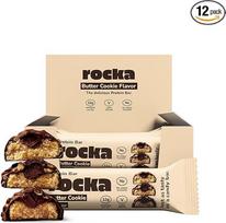 "Rocka Nutrition" baltyminis batonėlis, veganiškas baltyminis batonėlis su 12 g baltymų, su sumažintu cukraus kiekiu, pilno skonio, 12 x 50 g, supakuotas atskirai, be išrūgų (Butter Cookie)