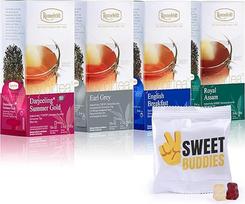 "Ronnefeldt" juodosios arbatos rinkinys iš 4 mišrios arbatos dėžučių - ekologiška Darjeeling, Earl Grey, angliškų pusryčių arbata ir Assam - 60 degustacinių arbatos maišelių rinkinys + saldžiosios "Sweet Buddies" vaisių gumytės (10 g) - elegantiška ir ska
