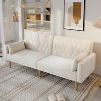 "Rtopsu" dvivietė sofa su miego funkcija, 180 x 75 x 82 cm, sofa-lova su reguliuojamu atlošu ir porankiais, nedidelė aksominio audinio sofa svetainei, smėlio spalvos
