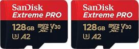 "SanDisk Extreme PRO microSDXC UHS-I" atminties kortelė 128GB + adapteris ir "RescuePRO Deluxe" (skirta išmaniesiems telefonams, veiksmo kameroms arba dronams, A2, 10 klasės, V30, U3, 200MB/s perdavimo greitis) (2 vnt.)