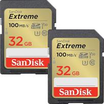 "SanDisk Extreme SDHC UHS-I" atminties kortelė, 2 vnt., 32GB (V30, 100MB/s duomenų perdavimas, U3, 4K UHD vaizdo įrašai, atspari vandeniui, smūgiams, temperatūrai)
