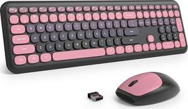 "SbocKeeb" belaidė klaviatūra ir pelė, retro spalvinga klaviatūra su tyliąja pele, amerikietiška QWERTY, miela belaidė rašomosios mašinėlės klaviatūra, pilno dydžio, USB 2,4 GHz, skirta kompiuteriui (rožinė slyva)