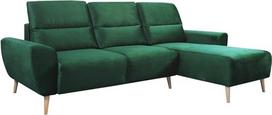 "Selsey Briallen" "L" formos kampinė sofa su aksominiu užvalkalu, miego funkcija ir 262 cm pločio daiktų dėže (tamsiai žalia, dešinysis otomanas)