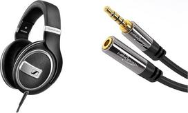 "Sennheiser HD 599 Special Edition", atviros ausinės, juodos spalvos ir "KabelDirekt" - ausinių prailginimo kabelis su nedūžtančiu metaliniu korpusu - 5 m