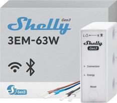 "Shelly 3EM-63W Gen3", "WiFi" energijos skaitiklis trifazėms arba vienfazėms sistemoms, realaus laiko keturių kvadrantų matavimas, be apkrovos slenksčio, suderinamas su fotovoltiniais įrenginiais, nereikalingas koncentratorius