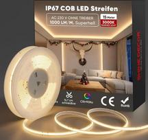 "Shine Decor" COB LED juosta 15 m, AC 230 V IP67 vandeniui atsparus lankstus LED neono pasakų žibintai, 432 šviesos diodai/m itin ryškios juostelės vidaus lauko apšvietimui (3000 K šiltai balta, CE sertifikuota)