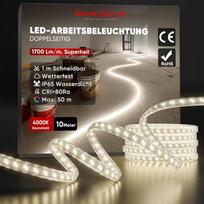 "Shine Decor" LED juosta 10 m, 140 W, 17000 lm, IP65 vandeniui atspari LED darbinė šviesa, ištraukiama iki 50 m, skirta statyboms, garažui, darbo vietai, sodui (CE sertifikuota, neutrali balta 4000K, 10 m be kabelio ritės)