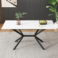 "Shye" baltas išskleidžiamas valgomojo stalas 120/160 x 80 cm, juodos metalinės stalo kojos, baltas stačiakampio formos valgomojo stalas, tinka 4-6 asmenims
