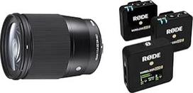 "Sigma" 16 mm F1.4 DC DN šiuolaikinis objektyvas, skirtas "Sony-E" objektyvo bajonetui ir "RØDE Wireless GO II" itin kompaktiška belaidė dviejų kanalų mikrofono sistema