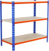 "Simon Rack" "Simonclick" didelės apkrovos lentynos, 1000 x 1000 x 300 mm, maksimali apkrova 150 kg, 3 reguliuojamos lentynos, MDF plokštės, rūsio lentyna, sandėliavimo lentyna, mėlyna/apelsinų/medžio spalva