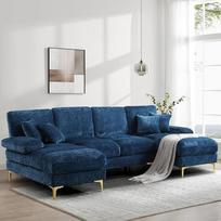 "SoarFlash" šiuolaikinė U formos 4 sėdimų vietų šenilinė kampinė sofa su dvigubo pasukimo funkcija, tvirtu mediniu rėmu ir paauksuotomis metalinėmis kojelėmis, mėlyna