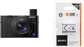 "Sony RX100 VII" kompaktiškas aukščiausios klasės fotoaparatas su 4K vaizdo įrašais, 24-200 mm F2,8-4,5 Zeiss priartinančiu objektyvu, 1 colio jutikliu, automatiniu fokusavimu sekant akis, 4K filmų įrašais ir pakreipiamu ekranu + "Sony NP-BX1" baterija