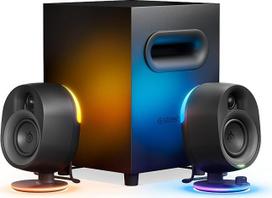 "SteelSeries Arena 7" - 2.1 žaidimų garsiakalbis, 2 krypčių garsiakalbio dizainas, stiprūs bosai, žemų dažnių garsiakalbis, reaktyvusis RGB USB, "Aux", optinis, laidinis "Bluetooth" PC, "PlayStation", mobilieji įrenginiai, "Mac", juodas