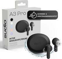 "Sudio A3Pro Midnight Black" - visą dieną triukšmą slopinančios ausinės - pagamintos iš perdirbto plastiko, subalansuota klausymosi patirtis, daugiataškis "Bluetooth 5.4", IPX4, iki 25 val. veikimo laikas