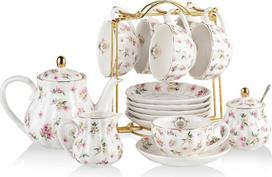 "Sweejar Home" porcelianinis arbatos rinkinys "British Royal Series" puodelių ir padėkliukų rinkinys 6 asmenims su arbatinuku, grietinėlės ąsotėliu, šaukšteliu ir infuzoriumi, tinkamas aukštai arbatai (FloralD)