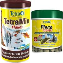 "Tetra Min Flakes" dribsnių maistas visoms dekoratyvinėms žuvims, 1 litro talpos skardinė ir pleko tabletės - maistingųjų medžiagų turtingas maistas visoms žolėdėms dugninėms žuvims (pvz., šamams), 275 tabletės