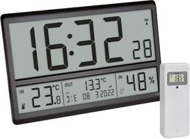 "TFA Dostmann" skaitmeninis XL sieninis laikrodis, 60.4523.01, su lauko temperatūra ir patalpų klimatu, radijo bangomis valdomas laikrodis, 24 val. ekranas, pilna data, juodas, (L) 360 x (W) 235 x (H) 28 (84) mm