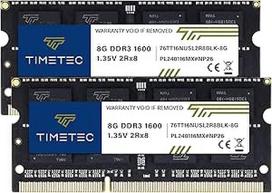 "Timetec" 16GB KIT (2x8GB) DDR3L/DDR3 1600MHz (DDR3L-1600) PC3L-12800 / PC3-12800 Non-ECC Unbuffered 1.35V/1.5V CL11 2Rx8 204 Pin SODIMM Laptop Notebook PC Memory RAM Black PCB