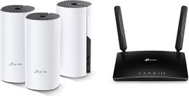 "TP-Link Deco M4 Mesh WLAN" rinkinys (3 pakuotės), AC1200 dviejų juostų maršrutizatorius ir kartotuvas (diapazonas iki 370 m², 6 x Gigabit prievadai), baltas ir TL-MR6400 WLAN Cat4 + N300Mbps 4G LTE maršrutizatorius, juodas, 5 versija