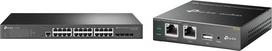 "TP-Link" TL-SG3428 24 prievadų gigabitinio L2 valdomo tinklo LAN komutatorius su 4 SFP lizdais, juodas ir "OC200 Omada Hybrid PoE Cloud" valdiklis EAP serijai, USB prievadas automatiniam atsarginės kopijos darymui, pilkos spalvos metalikas
