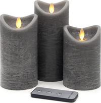 "Tronje" 3 LED žvakių rinkinys su laikmačiu ir nuotolinio valdymo pulteliu - 13/15/18 cm tikro vaško žvakė "Grey Rustic" su judančia liepsna