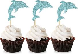 "Unimall Global" 24 vnt. blizgučių Mėlynas delfinas Cupcake Toppers Jūros tema Cupcake Picks Kūdikių dušas Jūros tema Gimtadienio šalis Dekoravimo priedai