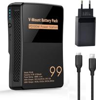 "V Mount/V-Lock" baterija 99Wh 6700mAh mini "V-Mount" baterija su PD 100W USB-C greitojo įkrovimo kabeliu ir PD 65W kištuku, skirta vaizdo kamerai, fotoaparatui, lauko monitoriui, vaizdo apšvietimui