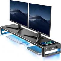 "Vardeer" Dviejų monitorių stovas su belaidžio įkrovimo funkcija ir 4 USB 3.0 šakotuvu Aliumininis monitoriaus stovas 2 monitoriams Metalinis monitoriaus stovas iki 32 colių kompiuteriui, nešiojamajam kompiuteriui - juodas