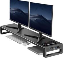 "VAYDEER" dvigubas kompiuterio monitoriaus stovas su 4 USB prievadais, aliuminio skėčio stovas 2 monitoriams, metalinis monitoriaus stovas iki 32 colių kompiuteriui ir nešiojamajam kompiuteriui - juodas